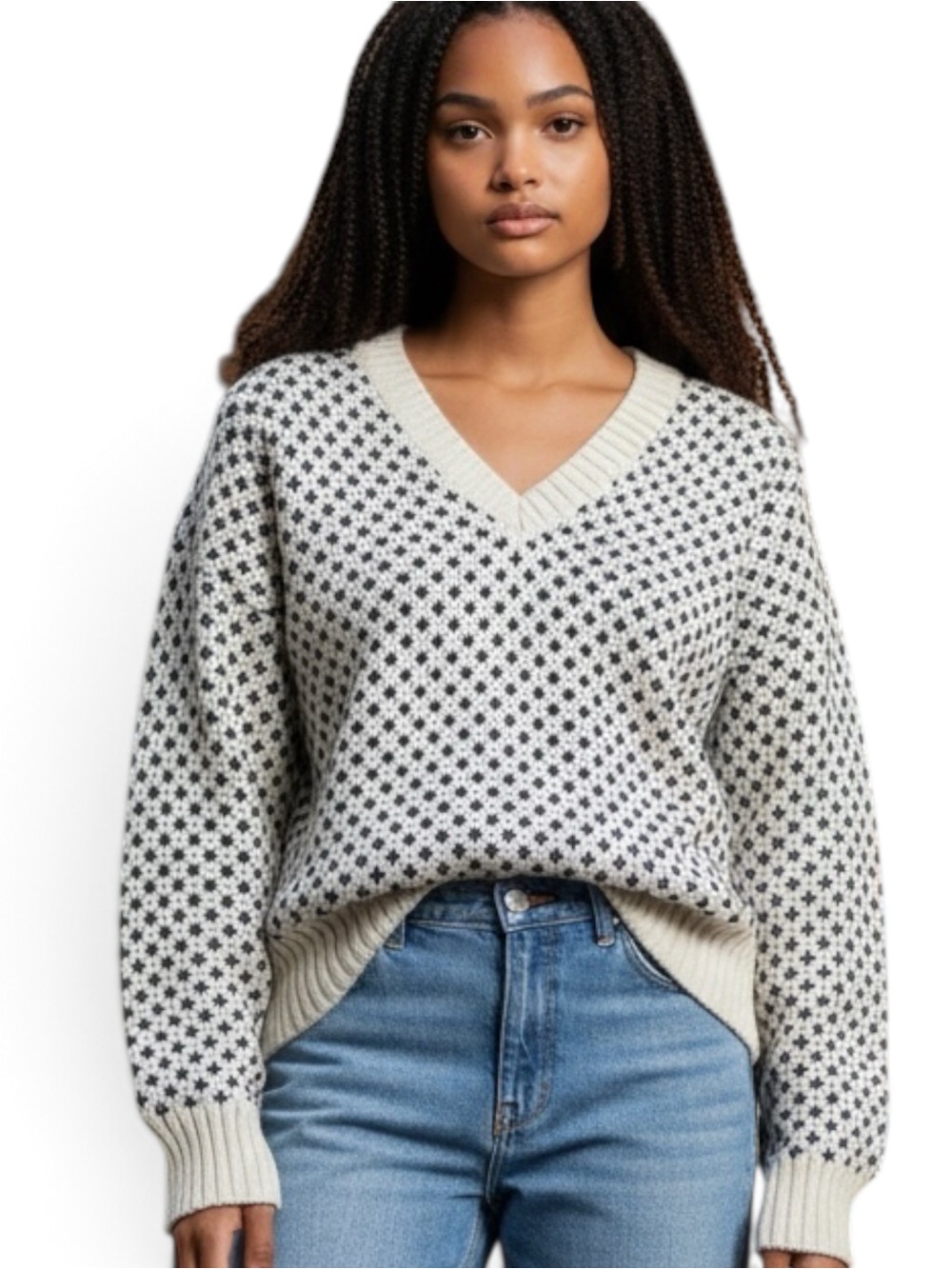 Long Wharf Ivory Navy Pattern Women's Sweater SZ M Fisherman Cozy Warm Preppy